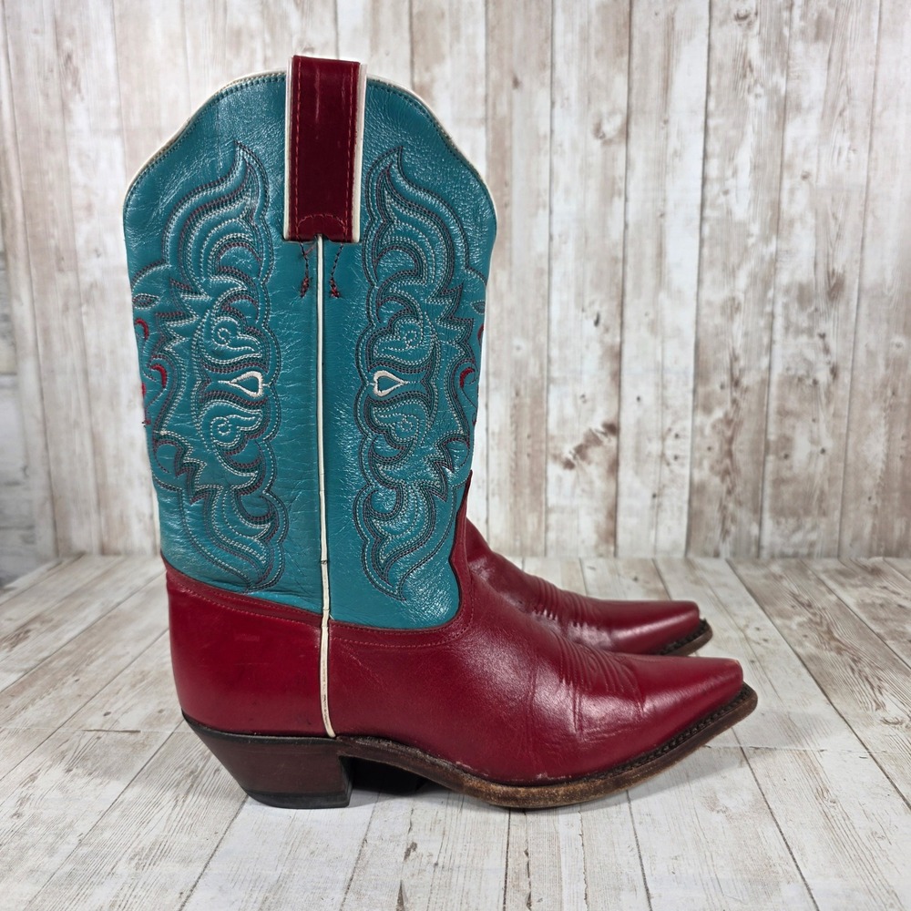 Tony Lama Vintage Red Teal Leather Western Cowboy Boots Pointed Toe Womens 5.5 B